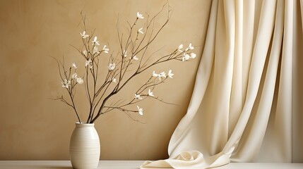 A minimalist still life of a white vase with delicate flowers on a beige backdrop