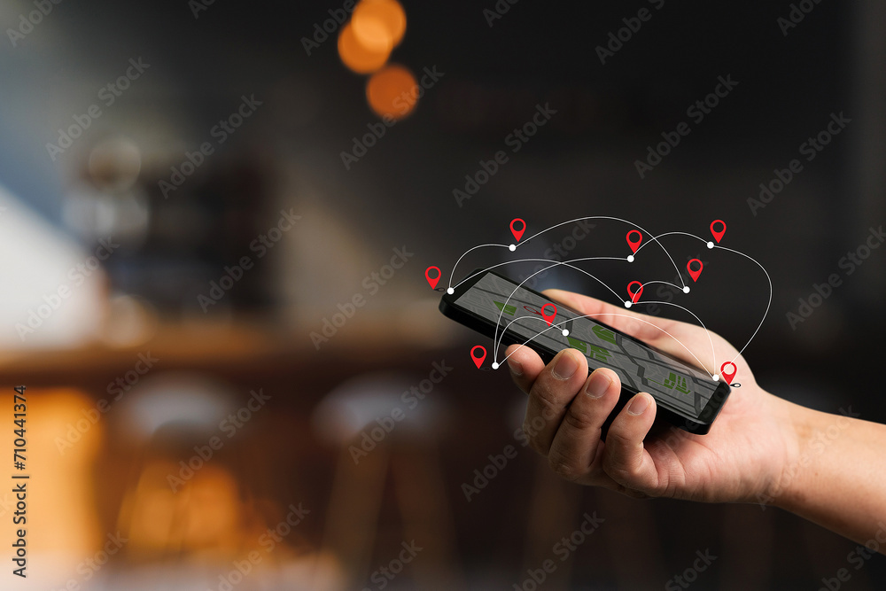 Poster man using smartphone searching map location gps map to route destination network connection location