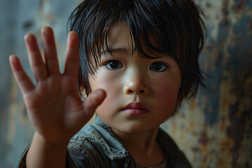 Portrait of a serious and scared little asian boy standing with outstretched hand showing stop gesture, domestic violence concept. Stop violence and abuse. - obrazy, fototapety, plakaty