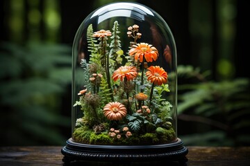 An ornate terrarium displaying vibrant orange flowers, surrounded by lush greenery under a clear glass dome