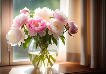 A bouquet of beautiful delicate pink peonies in a transparent glass vase on the window, illuminated by sunlight