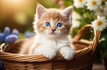 A small red fluffy kitten with blue eyes looks out of a basket on a light brown background with flowers. Pets. Kitten in a basket