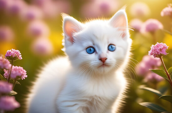A small cute white kitten with blue eyes sits on a background of beautiful flowers.