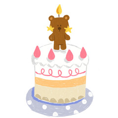 a cute teddy bear on birthday cupcake with yellow candle , illustration clipart for card decoration.