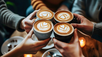 A group of friends enjoying coffee together. International coffee day concept.