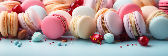 Colorful french desserts with sweets, top view, flat lay. Cake macaroons on plain background, colorful almond cookies, pastel colors. Banner. Flat lay, top view - obrazy, fototapety, plakaty