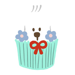 a white dog with blue flower and red ribbon on birthday cupcake, birthday illustration 