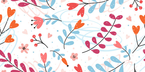 Vector seamless pattern with abstract flowers, branches  and hearts. Cute Valentine's background. Wedding concept. Childish print. Texture perfect for fabric, wrapping, textile, wallpaper.