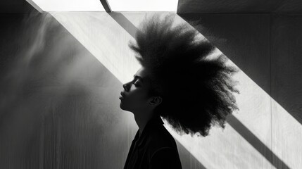 Photo of a African woman with a Dramatic, Asymmetrical Hair Style, standing out in a minimalist, brightly lit space - obrazy, fototapety, plakaty