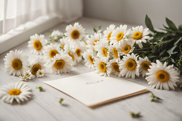 A romantic concept with white daisies and white note paper