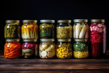 Autumnal farm-to-jar still life, arranged colorful vegetables in jars on a rustic wooden table
