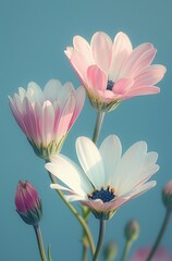 Delicate pink and white flowers reaching towards a clear blue sky