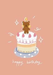 a cute teddy bear on birthday cupcake with yellow candle birthday card , illustration clipart for card decoration.