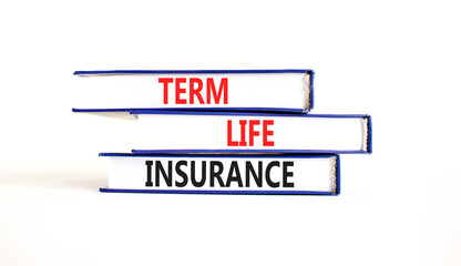Term life insurance symbol. Concept words Term life insurance on beautiful books. Beautiful white table white background. Medical and term life insurance concept. Copy space.