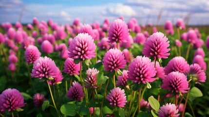 Obraz premium A bunch of pink flowers in a field. Pink clover flowers on a field