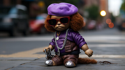 cute fat short red brown toy poodle face baby alien , it’s wearing purple NY cap, it wearing...