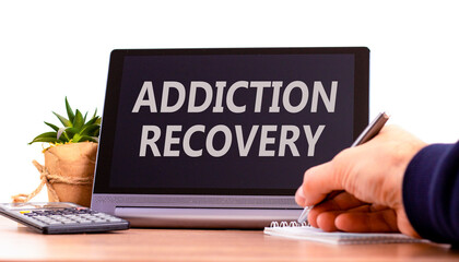 Addiction recovery symbol. Concept words Addiction recovery on beautiful black tablet. Beautiful...