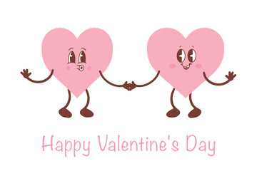 Cute cartoon heart characters. Cute love symbols with faces in different poses, arms and legs, funny positive emotions. Vector illustration for Valentine's Day. Vector 