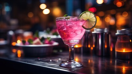 A stylish pink girlish cocktail in glass with high stem at the bar counter. Generative AI