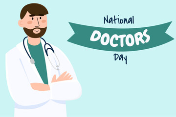 Vector banner of National Doctors Day.  Young smiling doctor with stethoscope, medical specialist.Medicine concept. 