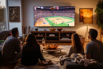 A group of friends sits, watching basketball on TV, snacks around. The living room is full of people watching a basketball game on TV.  - Powered by Adobe