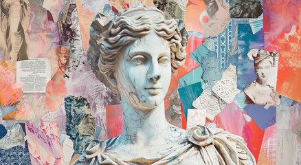 Collage with antique female sculpture and colourful different elements design  - obrazy, fototapety, plakaty