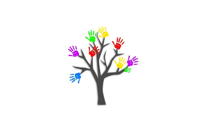 A helping hand: tree made of diverse handprints shape. Community help concept illustration. 4K video illustration.
