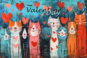 Valentine's day greeting card with cute cats on blue background
