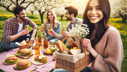A smiling person at a picnic with friends, surrounded by spring blooms. A group of friends laugh and share food at a sunny park picnic. - obrazy, fototapety, plakaty
