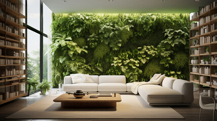 Contemporary sustainable living space with lush vertical garden greenery walls and large windows offering a serene view