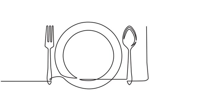 Continuous one line animation. Hand drawn animated motion graphic elements of a set of tableware. concept of plate, spoon, fork, knife. video 4k