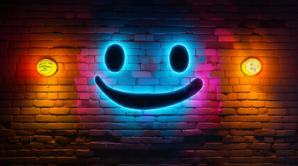 emoji face, neon sign glow, brick wall 