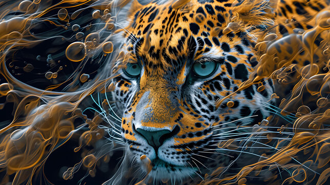 A portrait of a ferrofluid art inspired leopard. wildlife wallpaper, backdrop or wallhanging concept.