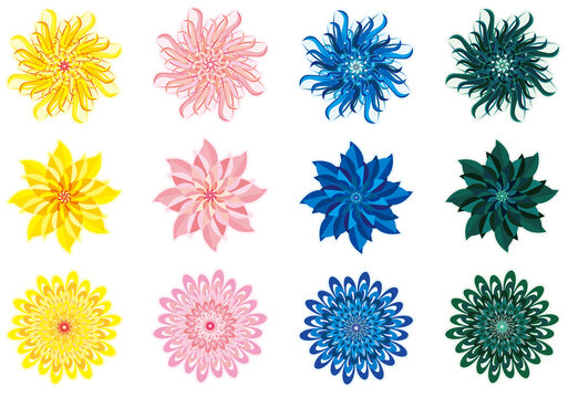 3 types of flowers heraldic style decorative design illustration. Ver.1 (Yellow,pink,blue,green vector color set)
