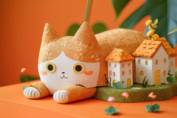 大きなネコと住宅の風景（オレンジ）