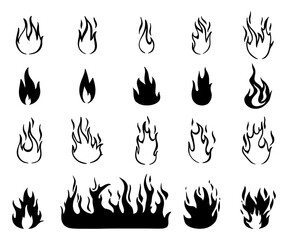 Bonfire vector set, flame, burning. Hand drawn flames doodle set.