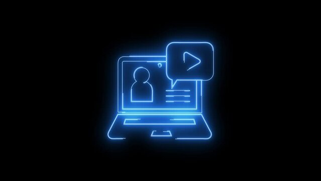 Video footage of Blue glowing Webinar neon icon. Looped Neon Lines abstract on black background. Futuristic laser background. Seamless loop. 4k video