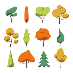Set of evergreen forest plants. A collection of trees.