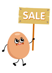 Funny egg mascot holding a wooden sign with sale inscription