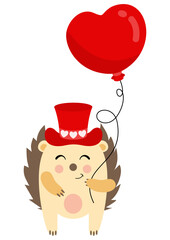 Obraz na płótnie Canvas Cute hedgehog with red hat holding a heart balloon