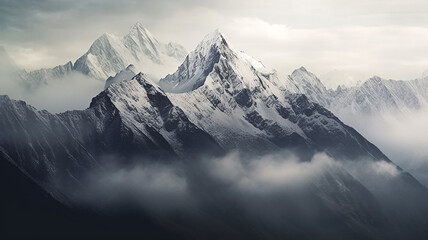 panorama landscape of mountains snowy peaks of rocks in fog and clouds. - obrazy, fototapety, plakaty