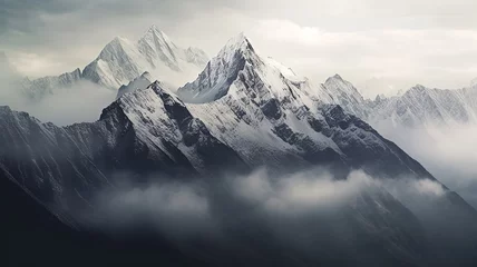 Fotobehang panorama landscape of mountains snowy peaks of rocks in fog and clouds. © kichigin19