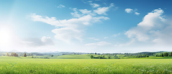 Fototapeta na wymiar Ultra-wide tranquil meadow, serene beauty of spring, bathed in the warmth of sunlight, copy space