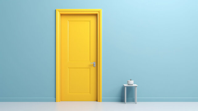 yellow door on a blue background abstract interior.