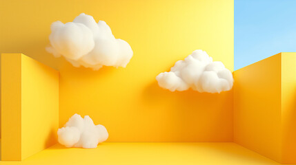 AI generated illustration of a vibrant yellow background with fluffy white clouds