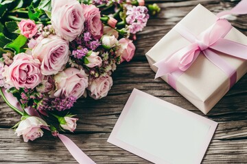 Pink Roses and Gift Box with Blank Note on Wood.
Pastel pink roses and a wrapped gift box with a blank note on a wooden backdrop.