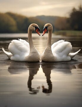 Couple of the Swan in the lake arrounding flowers 