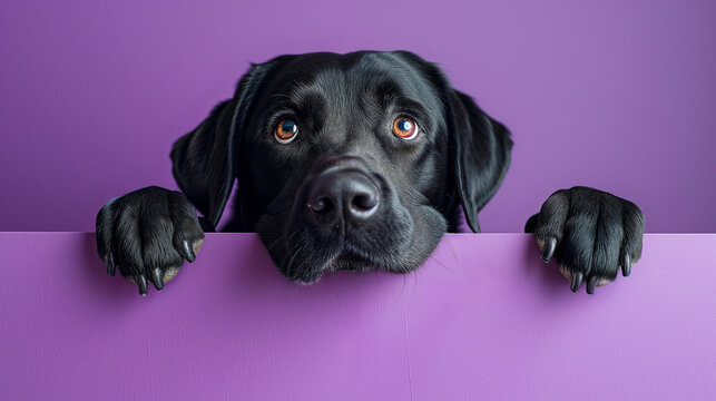 Adorable Labrador retriever peeking over a purple surface with expressive eyes.