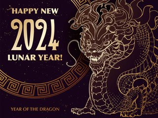 The Year of Dragon Holiday Poster or Postcard. Zodiac symbol of the New Year 2024. Golden line Dragon drawing isolated on black background. NOT AI. EPS10 vector.