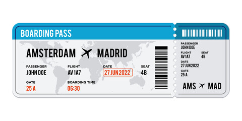 blue and white Airplane ticket design. Realistic illustration of airplane boarding pass with passenger name and destination. Concept of travel, journey or business trip. Isolated on white background - obrazy, fototapety, plakaty